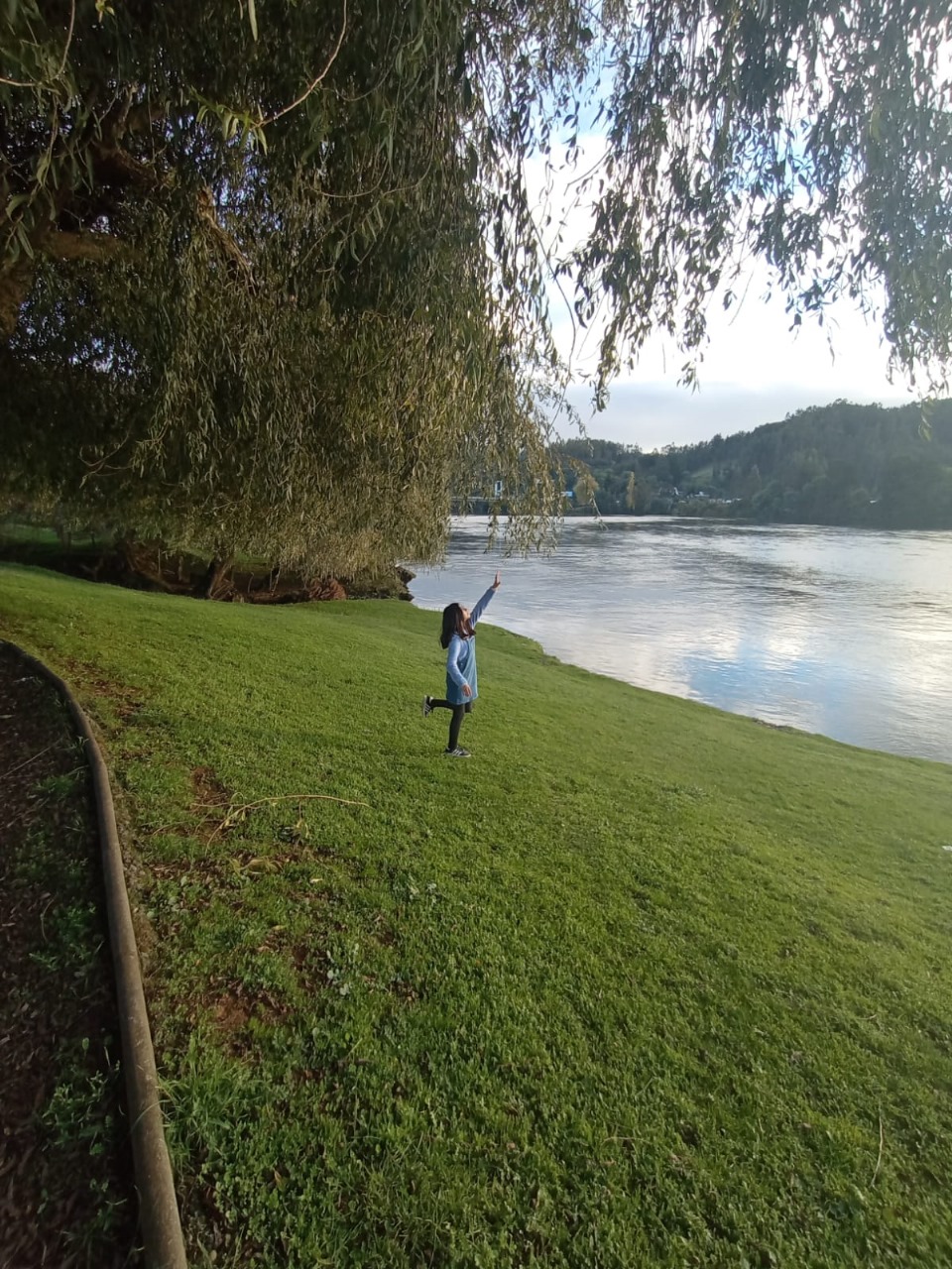 Imagen de la hija del jefe de la empresa en un tipo de pradera señalando el cielo